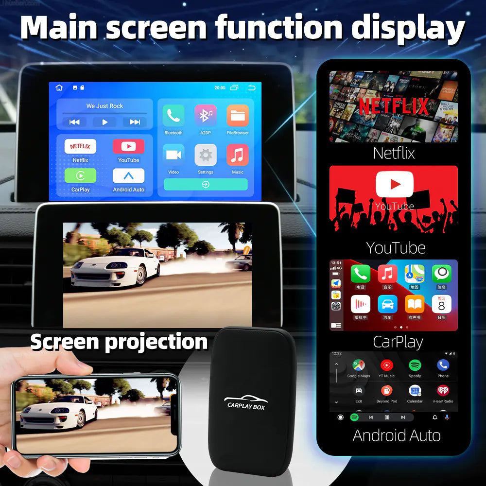 Wireless Car Play AI Box - 3 in 1 Carplay to Android Auto [Built in Youtube & Netflix]  Important Note: Your vehicle must already have built-in CarPlay functionality for this device to work.